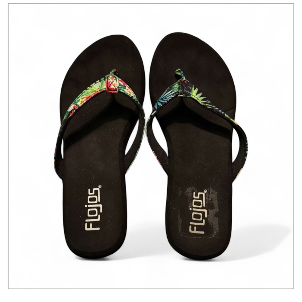 Flojos Black Wedge Sandals with Cushioned Sole floral print on straps